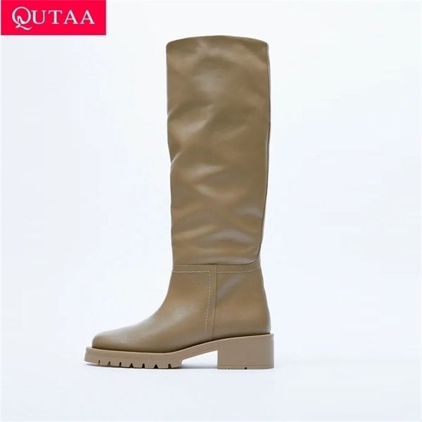 

qutaa za fashion women knee high boots full cow leather warm flats ins thick heels motorcycle woman lady shoes 34-43 211217, Black