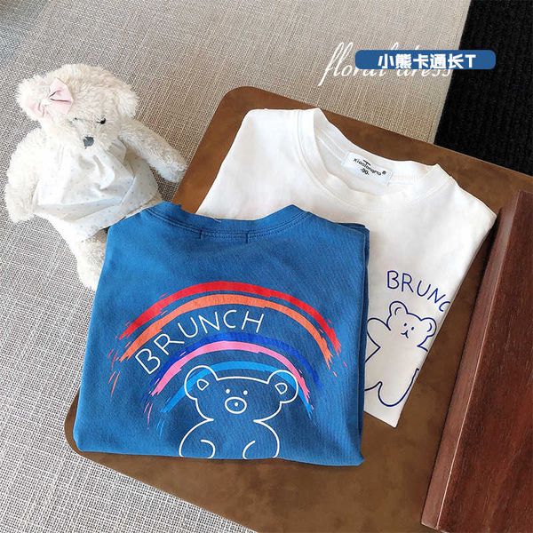 

2021 clothing baby new spring children's loose round neck girls' bear cartoon medium length t-shirt, Black;white