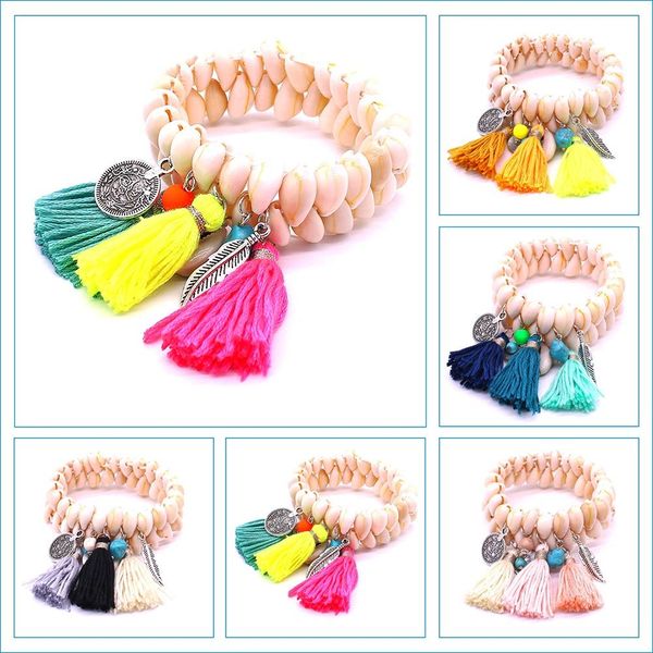 

bohemian style double row fashion mixed fringe natural shell bracelets for women jewelry, Golden;silver