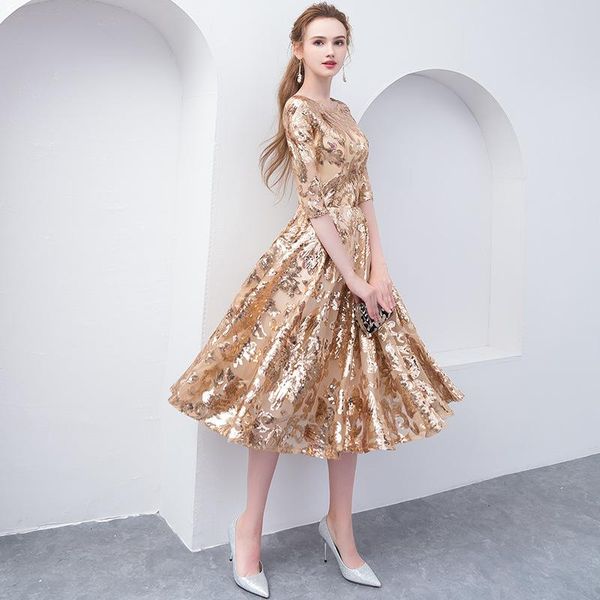 

ethnic clothing gold exquisite sequins trim prom dresses office lady spring half sleeve banquet gown elegant o-neck formal party dress, Red
