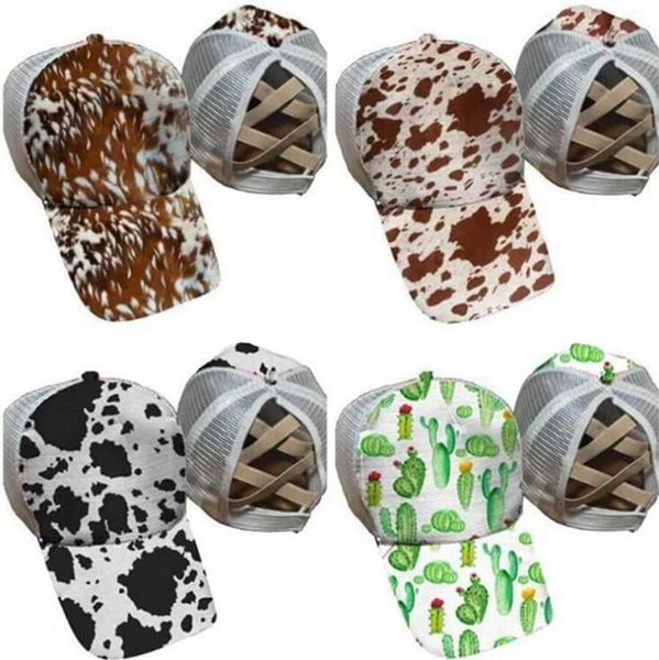 

new ponytail baseball caps cow cactus print color cotton mesh trucker cap women outdoor hip hop party hat dda554