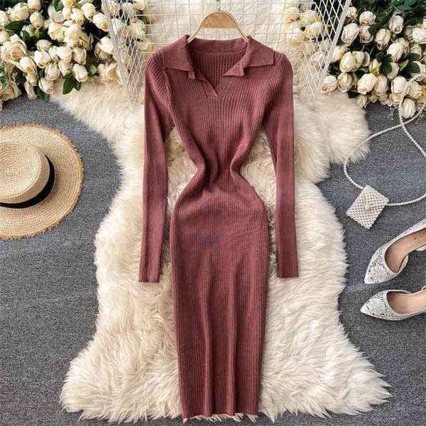 Kadın Örme Elbise Sonbahar Kış Moda Durmak Aşağı Yaka Uzun Kollu Slim Fit Kazak Diz Boyu Rahat ES 210603