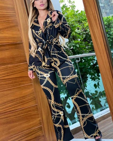 

women's two piece pants 2021 temperament and fashion casual small suit printed long sleeve coat wide leg set, White