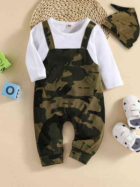 

baby camo print kangaroo pocket 2 in 1 jumpsuit & hat she, Blue