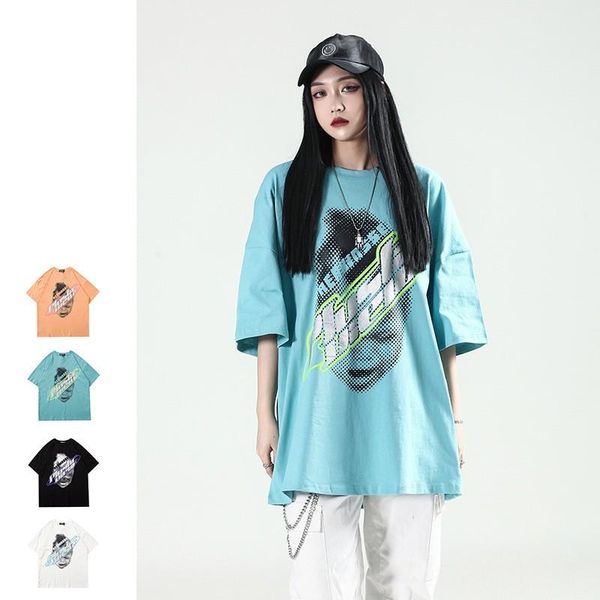 

men's t-shirts summer american style high street dark spoof character printing loose oversized short-sleeved t-shirt hip-hop couple, White;black