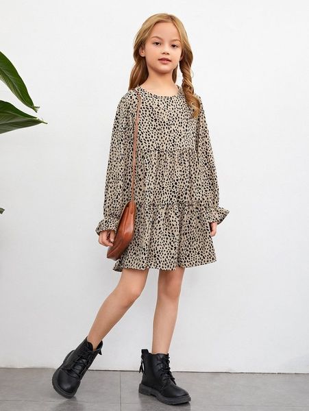 

girls dalmatian print flounce sleeve ruffle hem dress she, Red;yellow