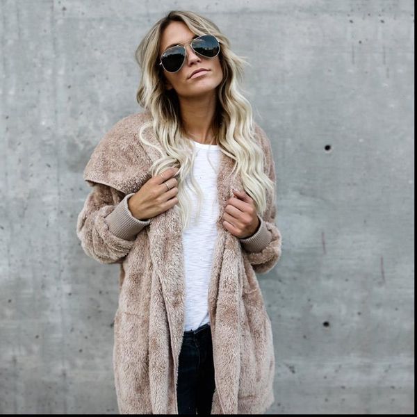 

winter faux fur coats and jackets women fashion hooded solid long cardigan casual female jackets plus size women coats, Black;brown