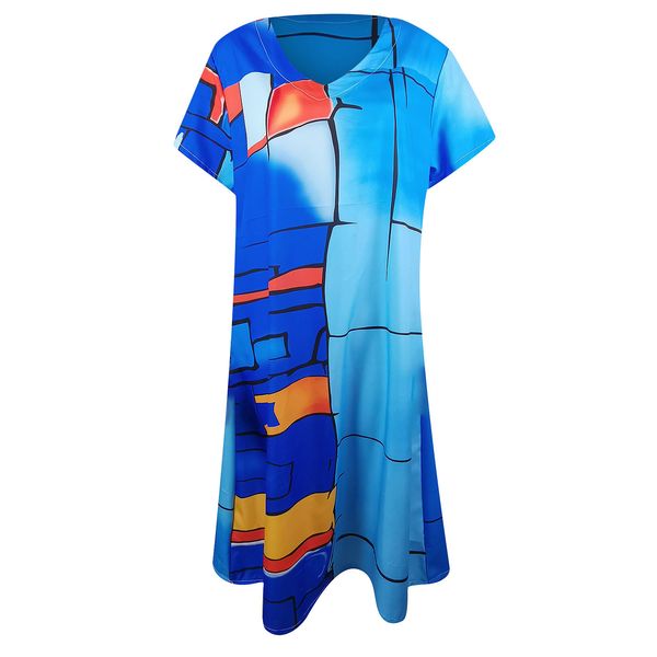 

women dress plus size fashion aachoae vintage prinred short sleeve v-neck colorful with pocket casual knee length dresses, Black;gray