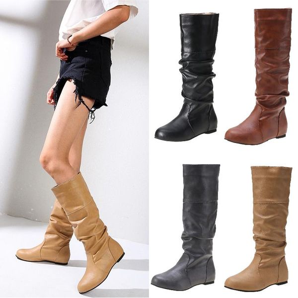 

boots women's autumn and winter pu leather solid color pleated knee knight, Black