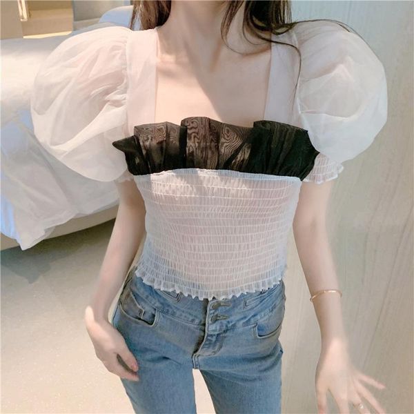 

women's blouses & shirts women blouse short sleeve shirt crop woman blusas chiffon french chic 2022 elegant patchwork ins, White