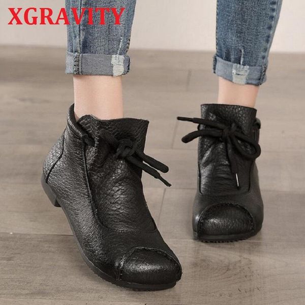 

boots xgravity autumn winter ankle female fashion cow genuine leather vintage lace up flat shoes s161, Black