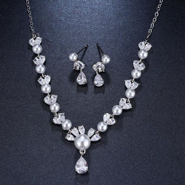 

earrings & necklace classic gold cubic zircon pearl jewelry sets bridal women party wedding christmas gift, Silver