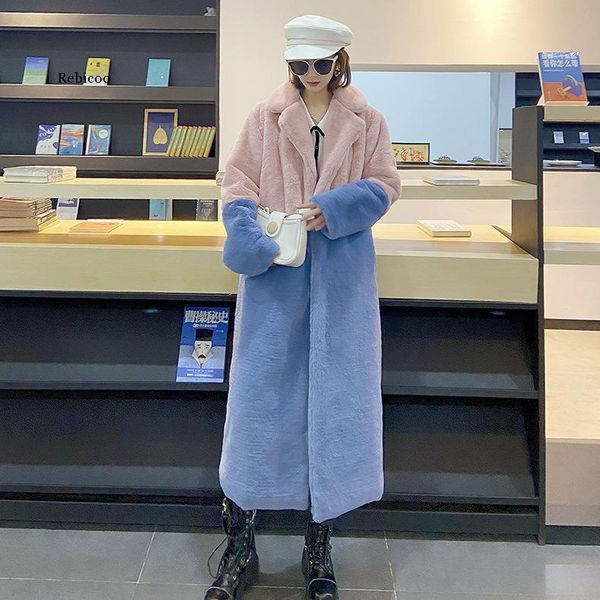 

women's fur & faux winter women coat luxury long lapel overcoat thick warm plus size female plush coats, Black