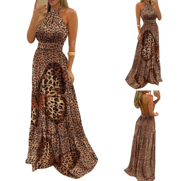 

2021 butterfly print s leopard hanging neck waist big swing floor agging evening sexy, Black;gray