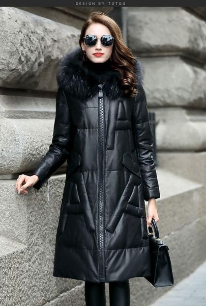 

women's leather & faux natural sheepskin coat female genuine jacket women 2021 winter down coats real raccoon fur collar hooded wyq2070, Black