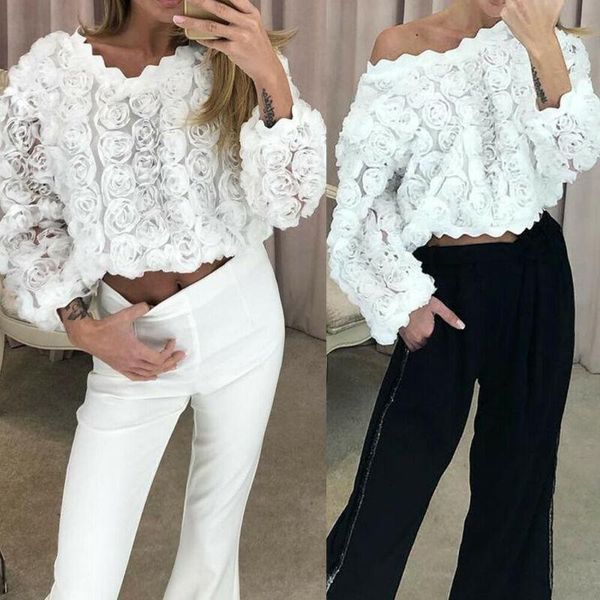 

women's blouses & shirts women long sleeve round neck flower embellished scalloped brim blouse white slim sweet elegant