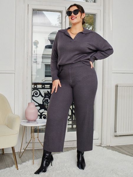 

plus drop shoulder sweater & knit pants d7xn#, Black