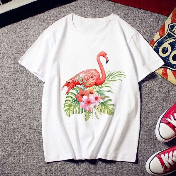 

flamingo beauty print fashion womens t shirt trendy 90s harajuku short sleeve white summer top