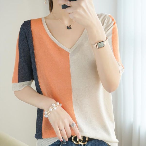 

women's t-shirt lafarvie ice silk t shirt women 2021 oversize short sleeve tees v neck patchwork summer clothe blusa feminina fashion c, White