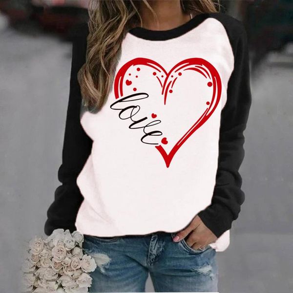 

women's t-shirt plus size casual long sleeve love heart print o-neck spring pullover women clothing streetwear, White