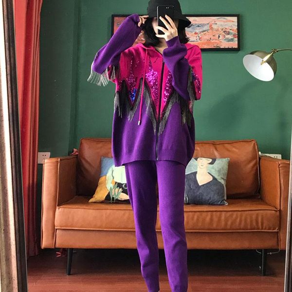 

women's two piece pants manual sequin chain tassel knitting tracksuit outfits women colorblock hooded cardigan pencil female casual kni, White