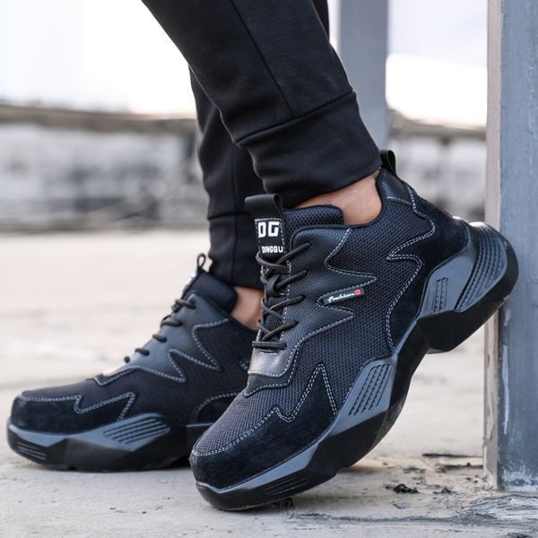 

men boots safety shoes men winter shoes steel toe cap work boots lightweight sport work sneakers male security shoes footwear, Black