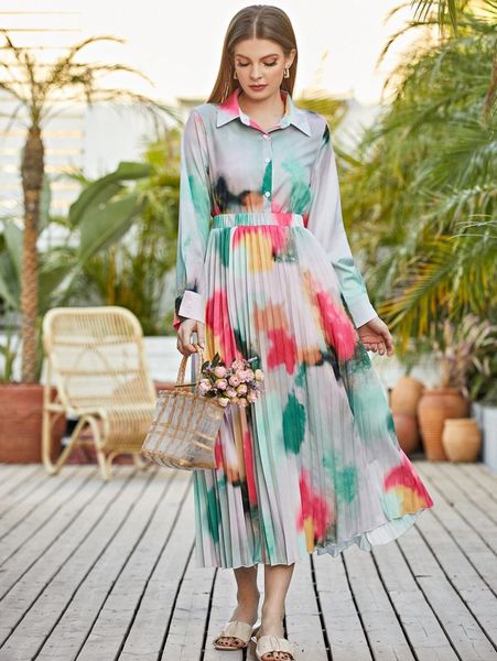 

random print blouse & pleated skirt g6ql#, White