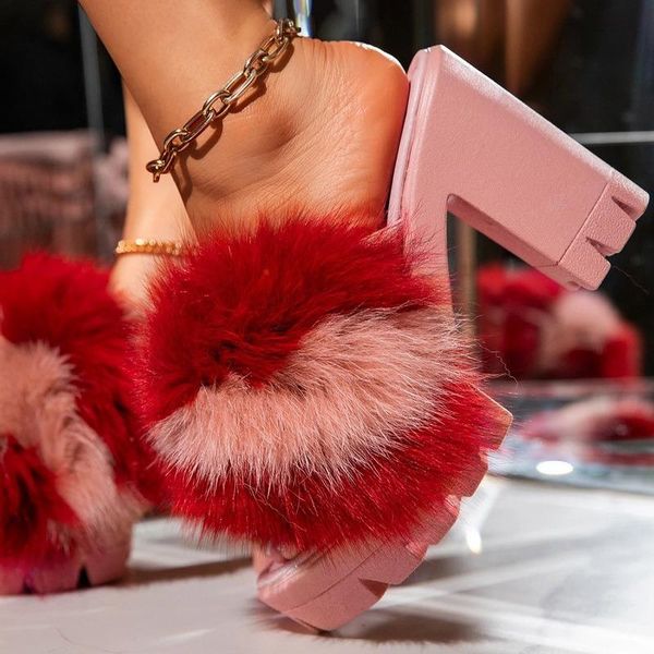 

dress shoes 2021 fashion plush fluffy sandals women furry ladies women's fur outdoor slippers platform wedge slides, Black