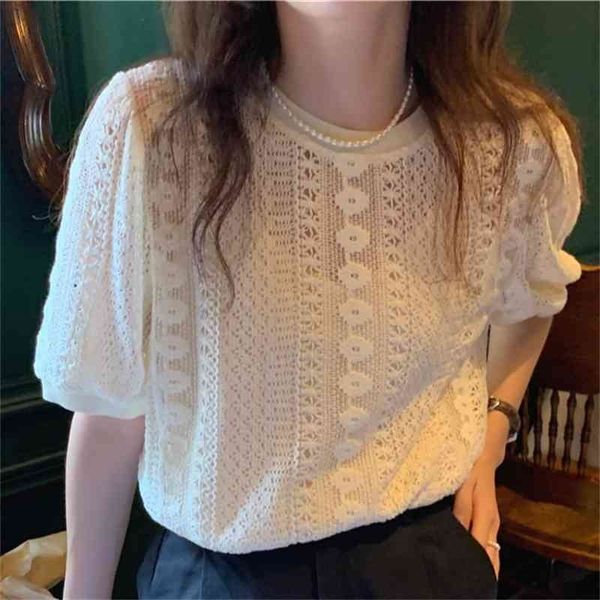 

women's knits & tees sweet sunscreen loose light stylish chic blouses hollow out summer hook flowers retro slim femme shirts, White