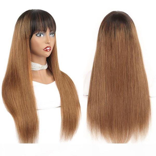 

1b 30 natural hair wig brazilian remy straight glueless human hair wigs with bangs fringe for black women blonde ombre non lace wig, Black;brown