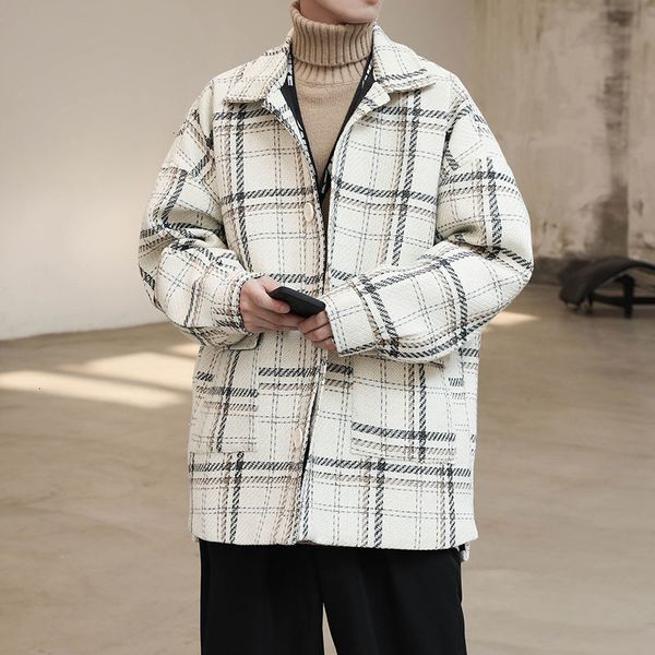 

2021 new winter plaid men's fashion retro casual oversize men wild short woolen coat mens overcoat m-2xl ro6h, Black