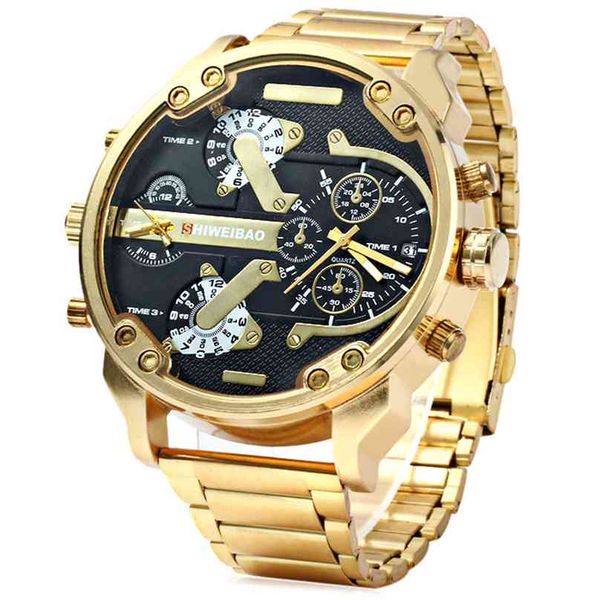 

big watch men luxury golden steel watchband men's quartz watches dual time zone military relogio masculino casual clock man 210609, Slivery;brown