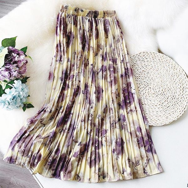 

skirts flower ink prink ruffled long woman skirt office lady elastic high waist streetwear all-match elegant stylish vestidos, Black