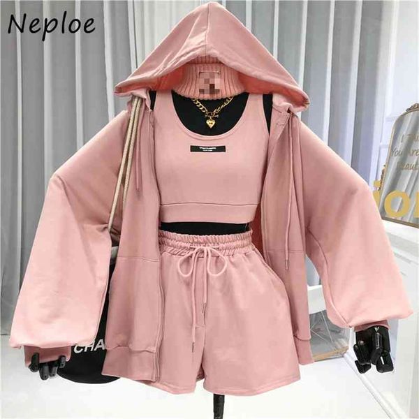 

neploe casual all-match suit women's letter vest + drawstring shorts + hooded zipper jacket fashion three-piece set 210819, White