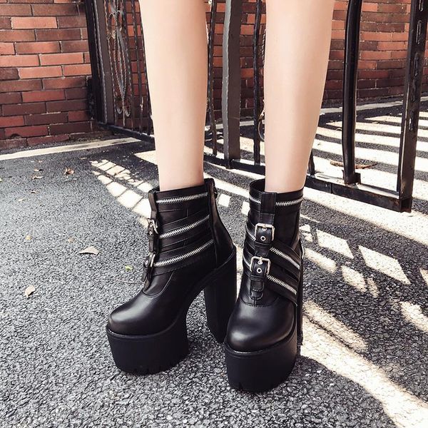 

boots ultra high heels ankle para mulheres zipper gothic black leather platform party shoes female nightclub 15cm