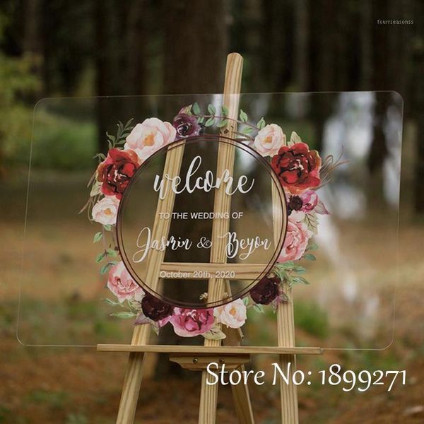 

party decoration personalized floral acrylic wedding sign modern entrance welcome clear flowers printed guide board1
