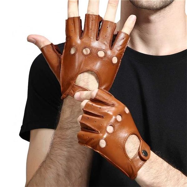 

leather gloves men' half finger fitness sports driving anti-skid strong wear-resistant retro motorcycle sheepskin glove 211214, Blue;gray