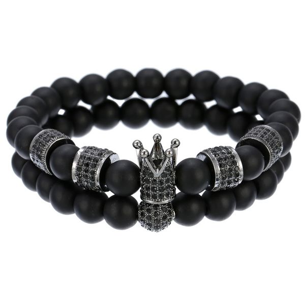 

2pcs/set fashion crown charm bracelet natural stone beaded bracelets for mens women pulseras masculina jewelry, Golden;silver