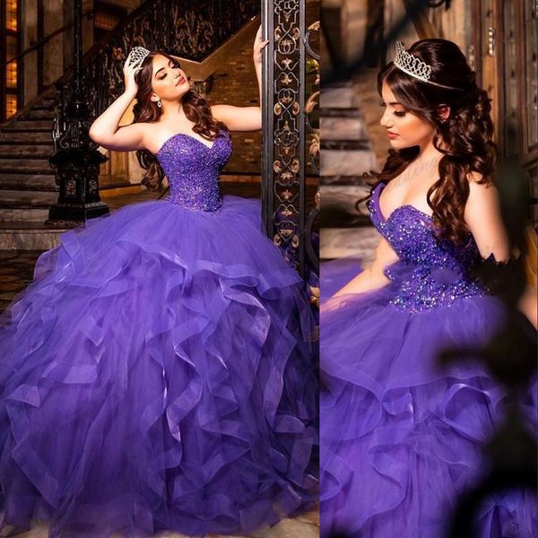 

2021 purple rufles quinceanera dresses ball gown sweetheart crystal beading plus size tulle tiered sweet 16 vestido de 15 anos formal party, Blue;red