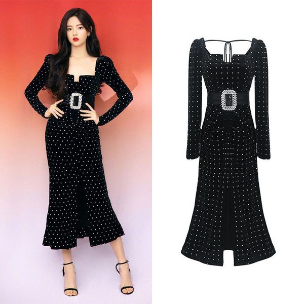 

casual dresses [] yang chaochao's same style square neck velvet light luxury dress heavy industrial design diamond black sexy, Black;gray