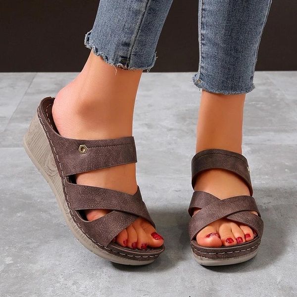 

slippers beautiful 2021 style plus size 43 summer slope heel platform ladies wedges muller sandals brown pink, Black