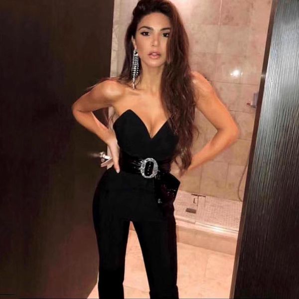 

women's jumpsuits & rompers 2021 women black strapless bandage jumpsuit evening bodycon celebrity party, Black;white