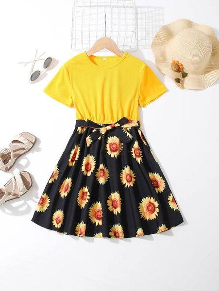 

girls sunflower print belted dress she, Red;yellow