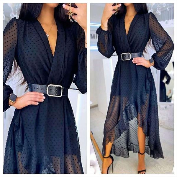 

v neck long sleeve women dress lace slim street fashion polka dot party, Black;gray