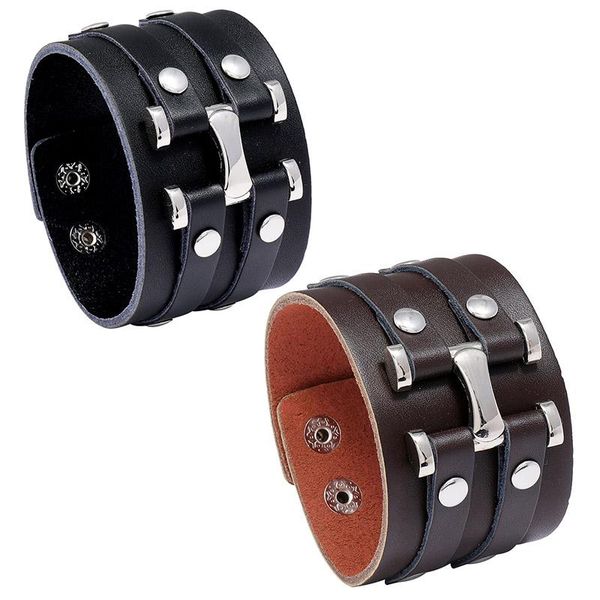 

tennis punk brown/black genuine leather cuff bracelets handmade simple motorcycle wristbands wide male bangles jewelry birthday gifts, Golden;silver