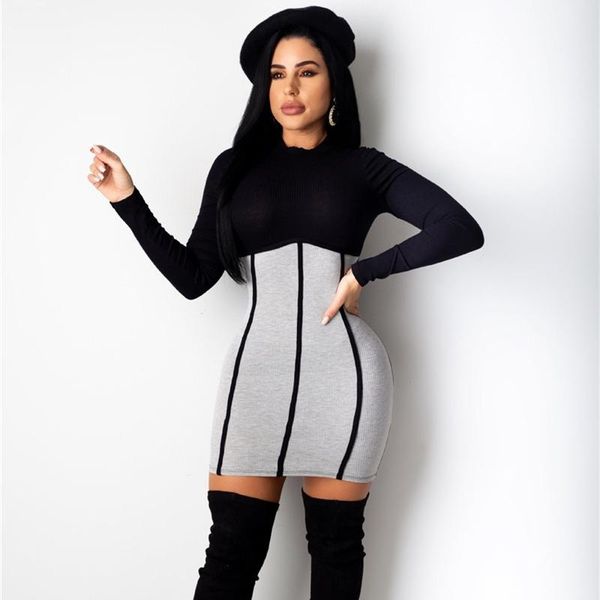 

autumn fashion women's long sleeve round neck high-waist slim fit mini party dresses female elegant vintage skinny dress, Black;gray
