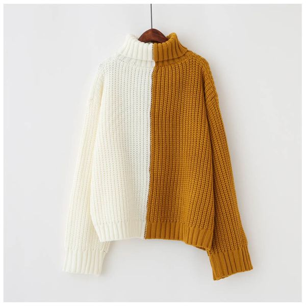 

new thick 2021 turtleneck women autumn winter vintage patchwork pull femme hiver jumper pullovers sweater a3u7, White;black
