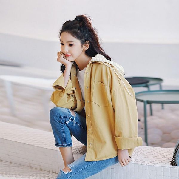 

women's jackets punk blue yellow pink loose basic denim hole jacket hoodie outwear women jeans coat streetwear korean bf wind coats, Black;brown