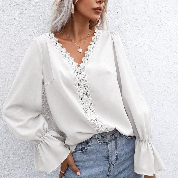 

women's blouses & shirts hollow out flare long sleeve blouse casual v-neck solid loose female summer 2021 fashion elegant office lady t, White
