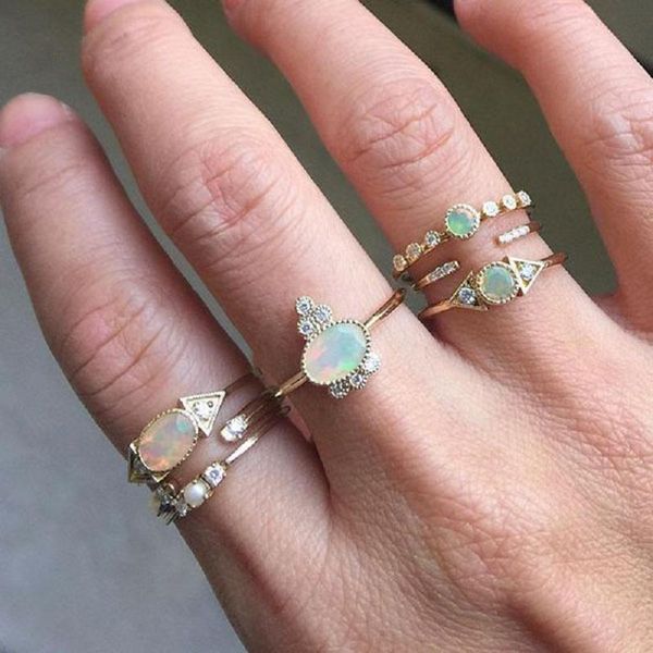 

cluster rings 2021 bohemia style fashion white oval fire opal finger with pave small cz gold color ring women charm jewelry, Golden;silver